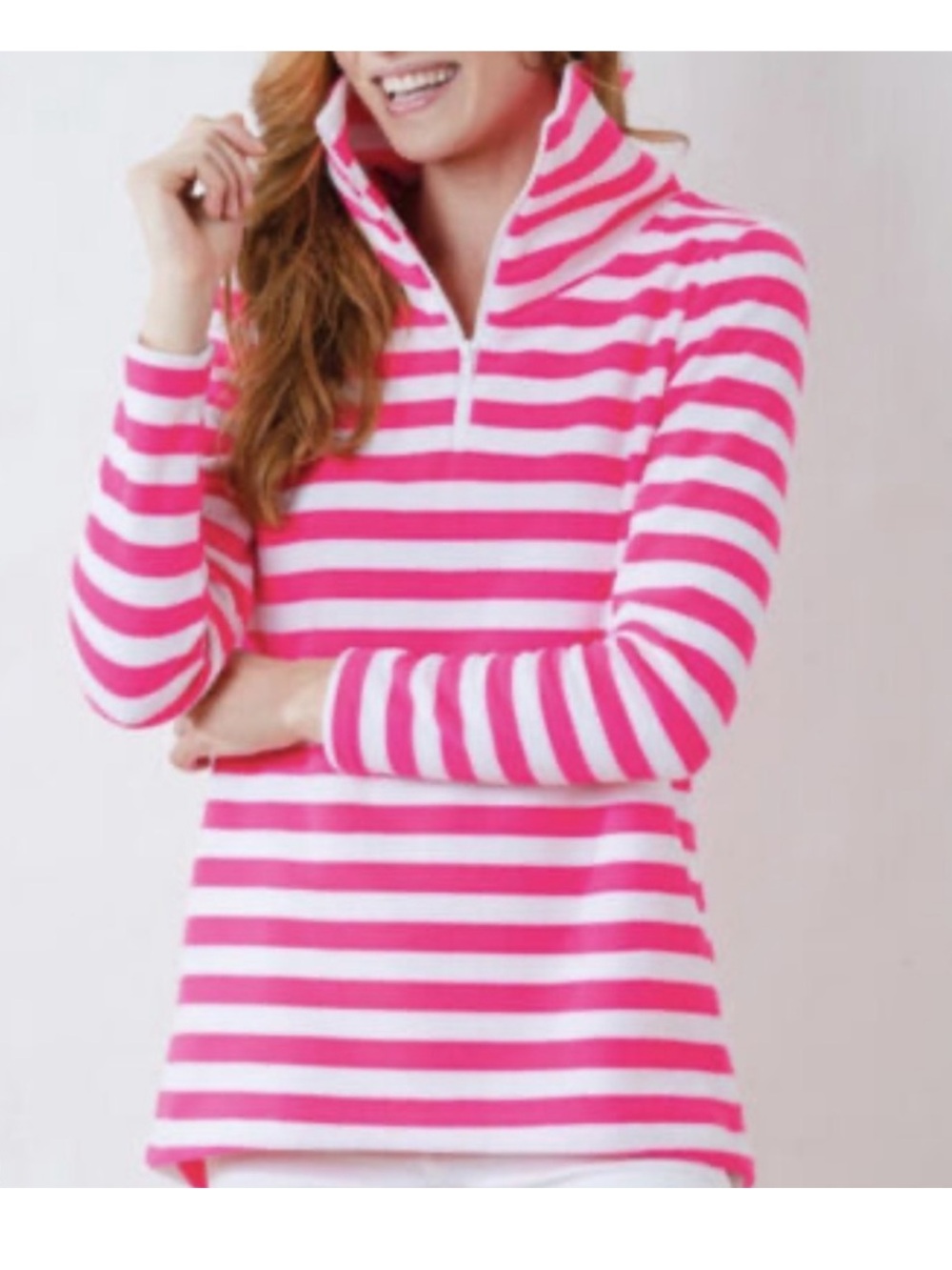 Dudley Stephen’s hot Pink and White Striped Quarter-Zip Pullover 2XL euc pockets
